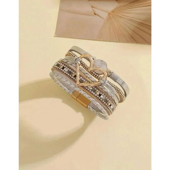 Bohemian Silver Gold Polyurethane Cubic Zirconia & Heart Decor Layered Bracelet - Picture 2 of 4